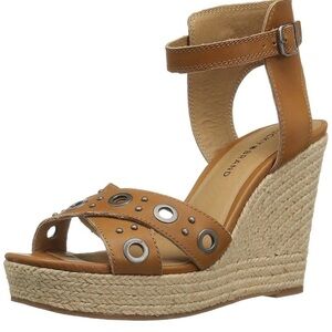 LUCKY brand espadrille neutral leather ankle strap embellished wedge sandal 10